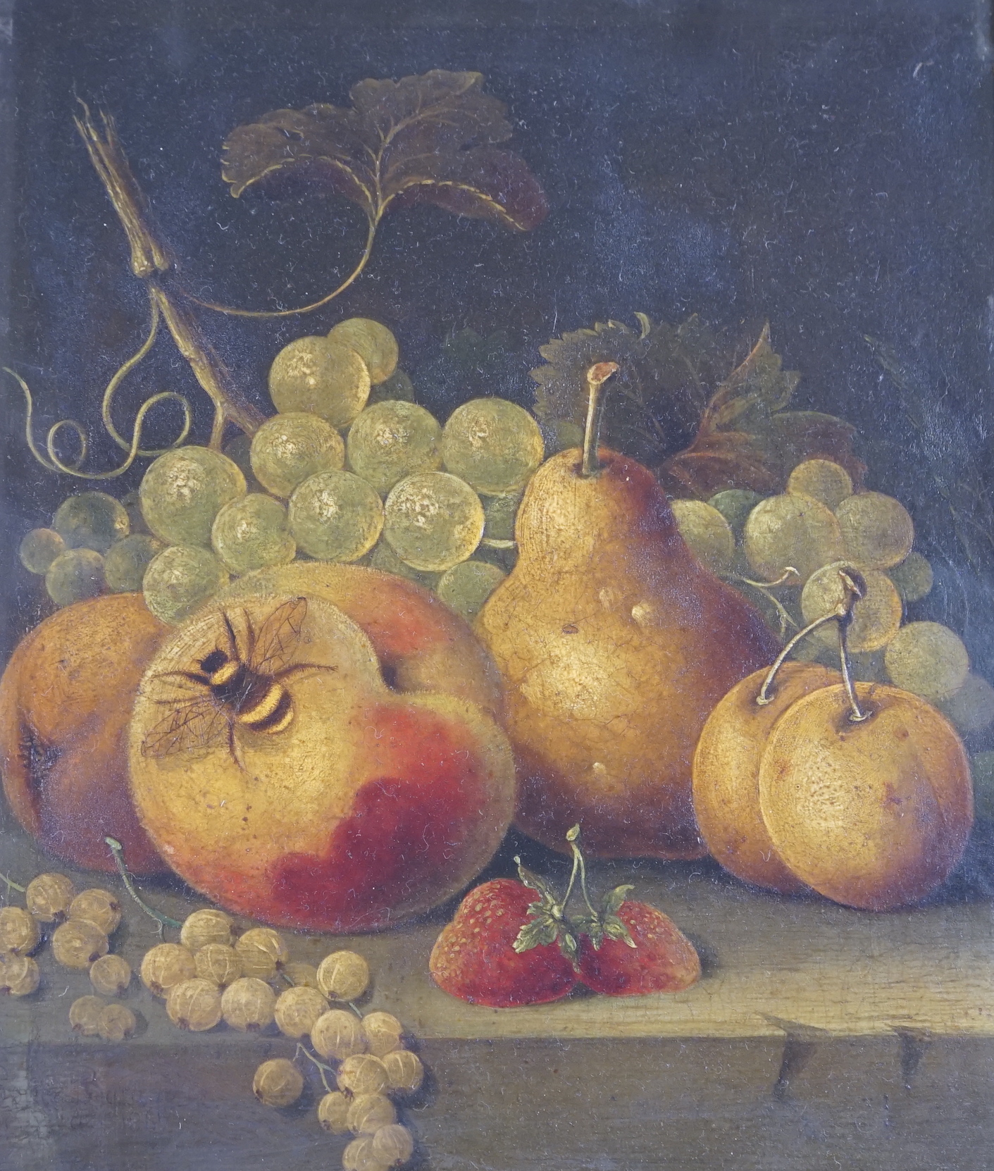 Louis Baraud (19th. C) oil on board, Still life of a bee and fruit, signed and dated 1867, 26 x 21cm